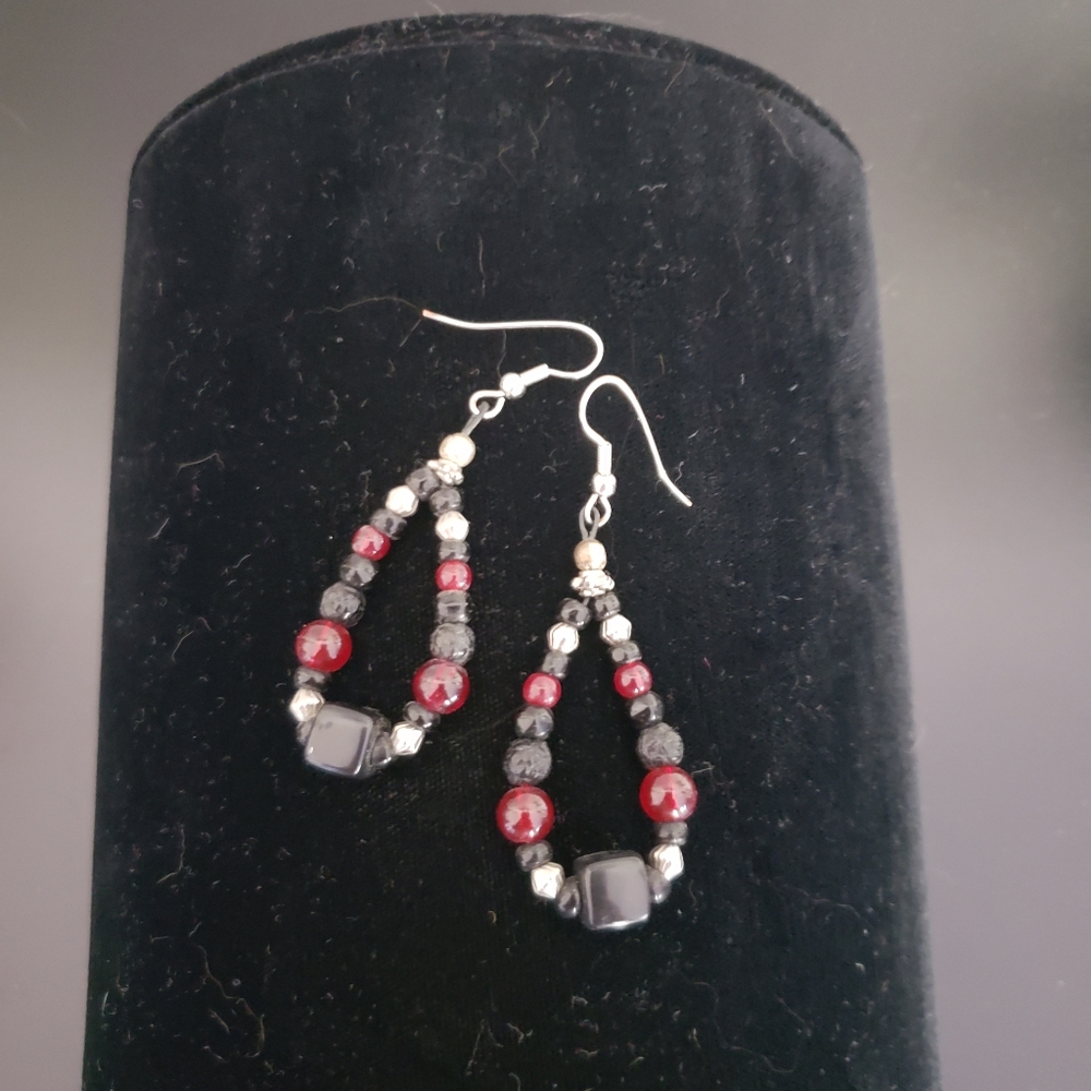 Dangle Beaded Earrings, Red & Black With Silver Ear Wire